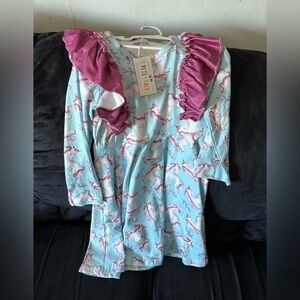 Unicorn Print Kids Dress with Pink Accents